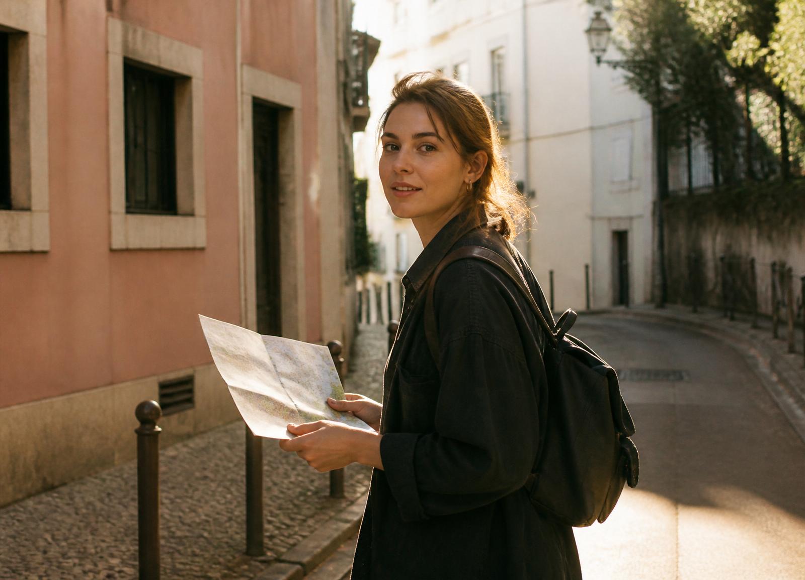 A solo traveller on a quiet European street at soft golden dusk.