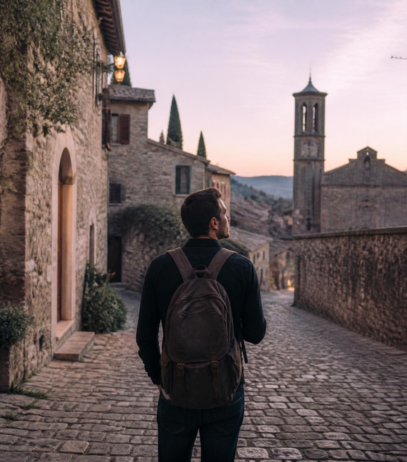 A traveller pausing on a quiet cobblestone street at dawn.
